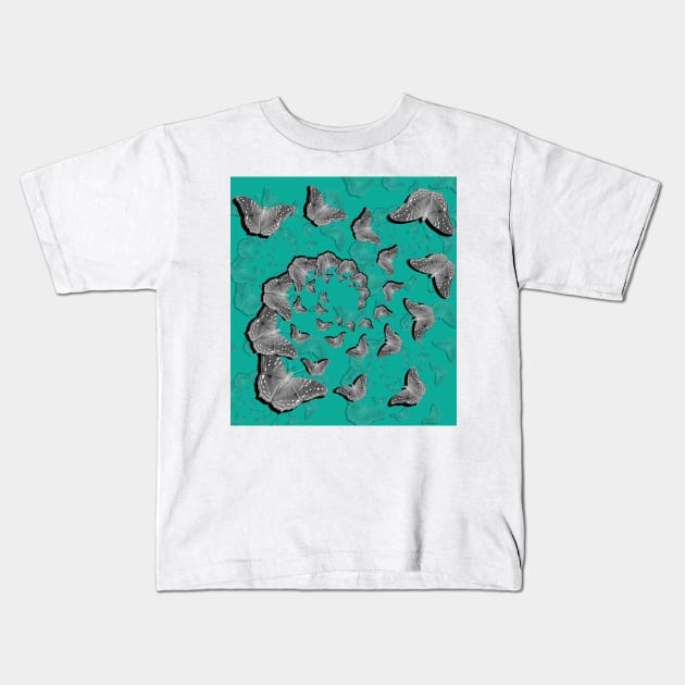 A swirl of gray butterflies on teal background Kids T-Shirt by hereswendy